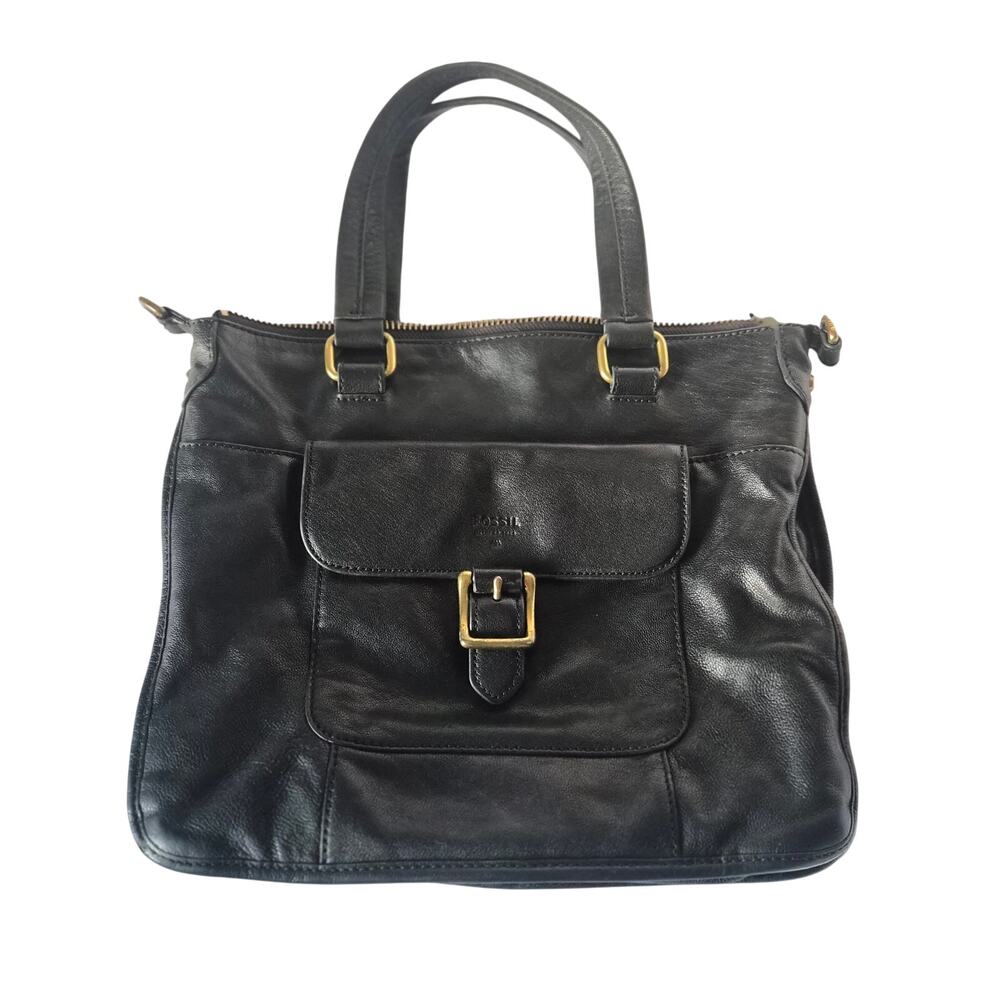 Fossil Black Genuine Leather Buckle Pocket Satchelβ Shoulder Tote Bag